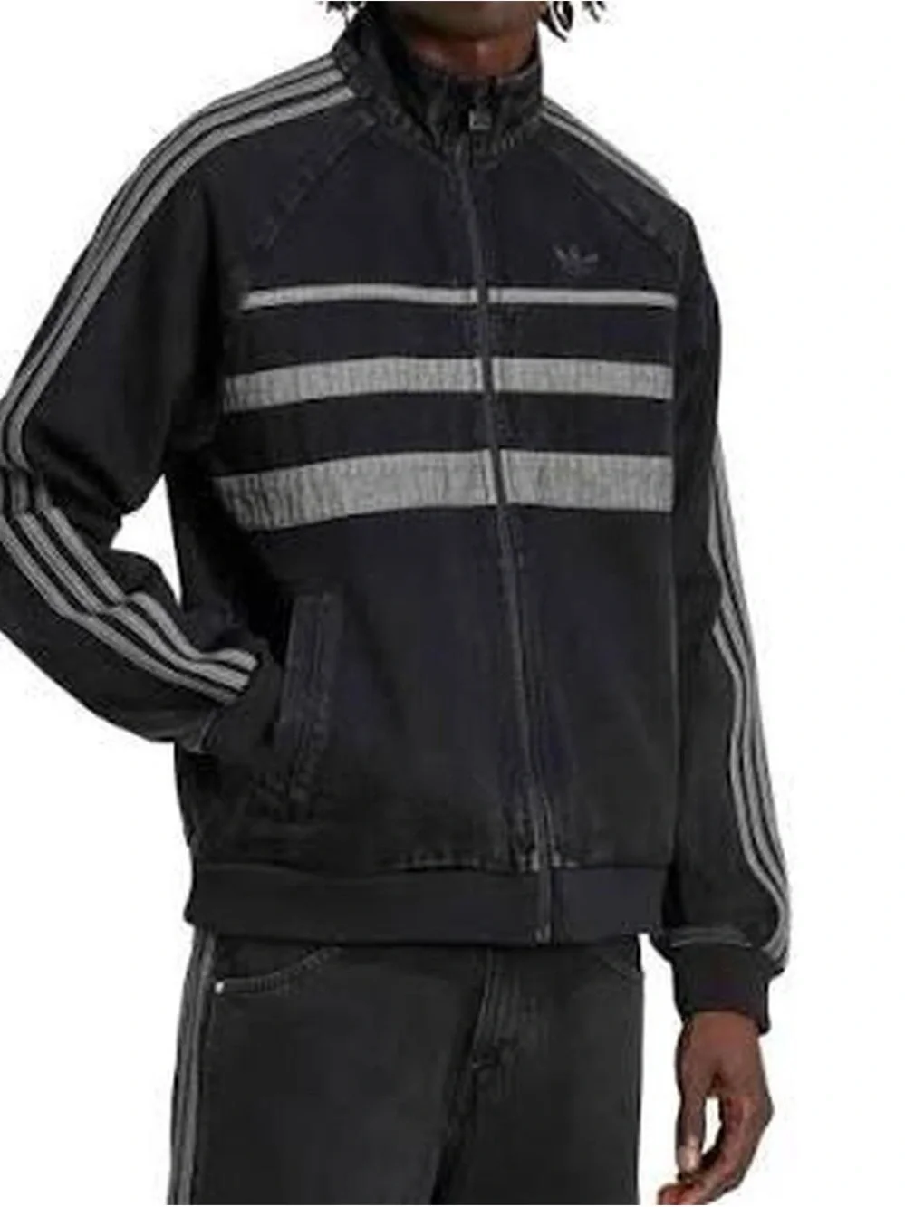 Brand New adidas Japan Black Washed Denim-Look Track Jacket with Gray Stripes